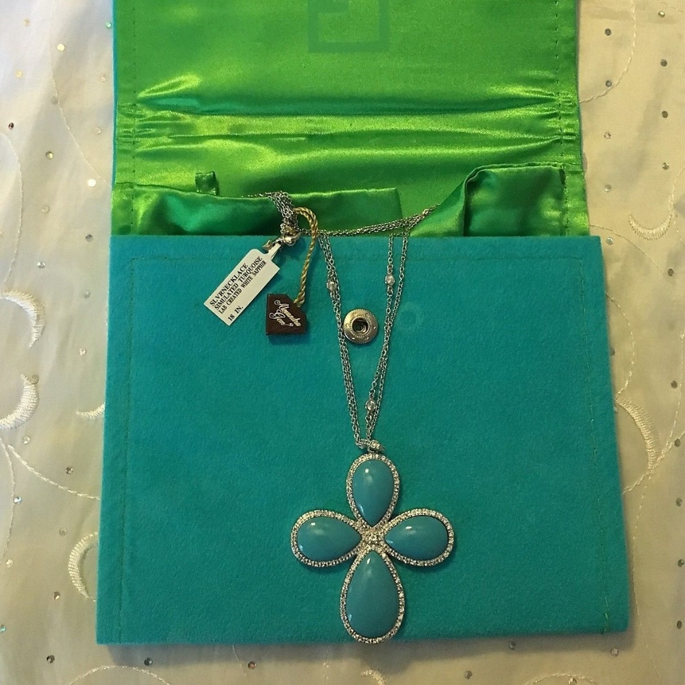 Silver-Tone Necklace with Turquoise Blue Flower Pendant